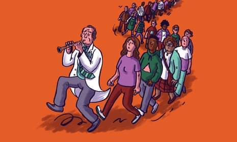 Illustration shows a figure a in a white coat piping at the head of a snaking line of people