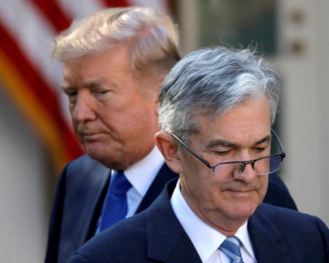 Donald Trump looks on as Jerome Powell, his nominee at the time to lead the Fed, moves to the podium at the White House on 2 November 2017.