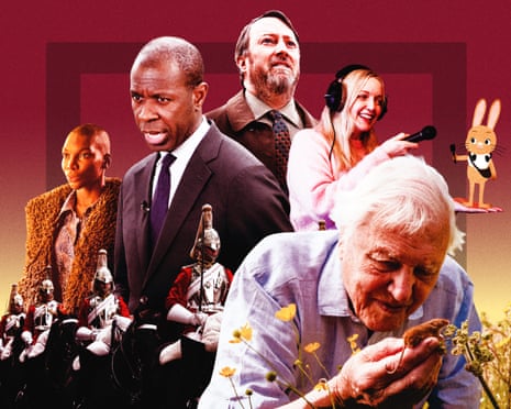 From left, trooping the colour, Michaela Coel, Clive Myrie, David Mitchell, David Attenborough and Hazel Hare.