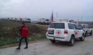 The Red Cross convoy at a government checkpoint outside the besieged Syrian town of Madaya.