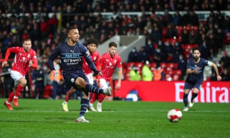 Miss: Gabriel Jesus of Manchester City takes a penalty which is saved .