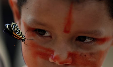 An Indigenous boy from the Mura tribe tries to look for a butterfly in Itaparana village near Humaita, Amazonas State, Brazil August 20, 2019. Picture taken August 20, 2019. REUTERS/Ueslei Marcelino
