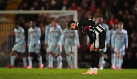 Grimsby’s Jaze Kabia shows his disappointment aft Keane Lewis-Potter scores Brentford’s 2nd goal.