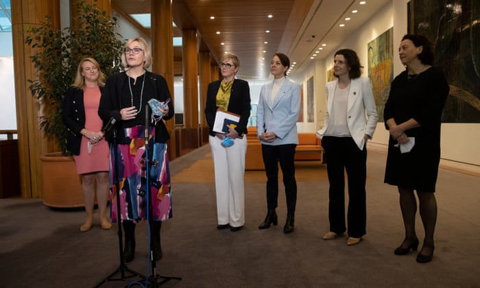 The teal independents in the Mural Hall for a press conference this morning, from left: Kylea Tink, Zali Steggall, Zoe Daniel, Dr Sophie Scamps, Allegra Spender and Dr Monique Ryan.