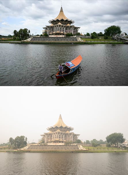 Two photos of the Sarawak Legislative Assembly building in Kuching, on the island of Borneo, taken 17 June 2025 and 5 September 2026 show the building on a clear day and then covered in smoke haze