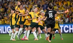 The Matildas celebrate after Cortnee Vine's winning shootout penalty in the World Cup game against France.