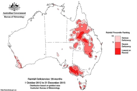 An illustration by the Australian Bureau of Meteorology depicting rainfall deficiencies experienced over south western Victoria and other states in Australia from 1 October 2012 to 31 December 2015.