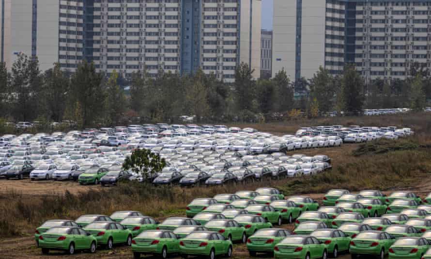 A carpark full of cars produced at the BYD factory in Xian, China