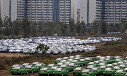 A carpark full of cars produced at the BYD factory in Xian, China