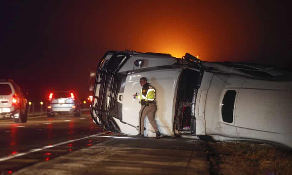 An overturned semi truck on Interstate 80 near Anita, Iowa, after a a powerful storm system blew through the region.