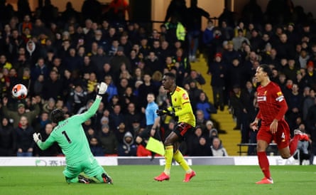 Watford’s Ismaila Sarr out paces Liverpool’s Virgil van Dijk and flips the ball gently over the outrushing Liverpool keeper Alisson for his, and the Hornet’s, second goal in their 3-0 victory in Feburary 2020.