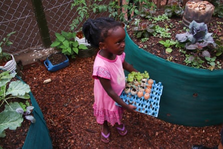 A child carries a tray of plants in eggshell pots