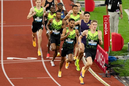 Cooper Lutkenhaus runs at the front of a group during a race at the Prefontaine Classic.