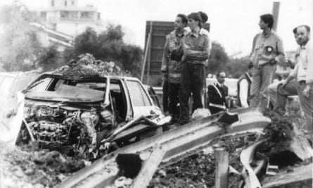 The aftermath of the 23 May 1992 car bombing which killed Giovanni Falcone.