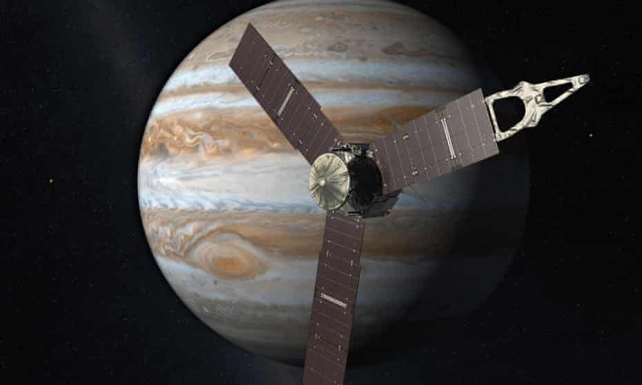 A 2010 artist’s impression depicts Nasa’s Juno spacecraft with Jupiter in the background.