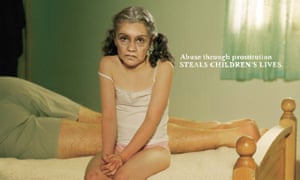 advert showing an artificially aged child on a bed with the slogan 'Abuse through prostitution steals children's lives'