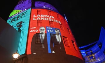 An exit poll is projected onto BBC Broadcasting House in London