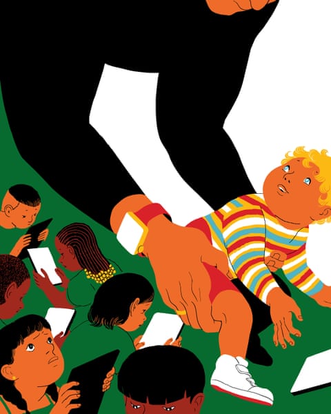 Illustration of a parent carrying a child away from a tablet while other children sit looking down at screens.