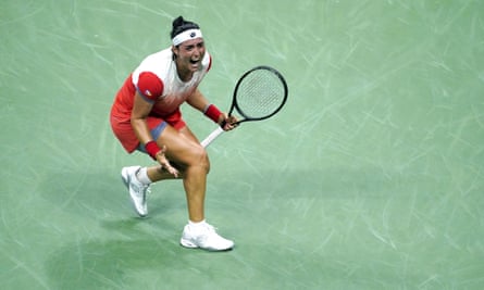 Ons Jabeur screams with joy after defeating Caroline Garcia in straight sets in their US Open semi-final