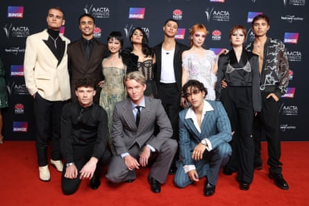 2022 AACTA Awards Presented By Foxtel Group - Red CarpetSYDNEY, AUSTRALIA - DECEMBER 07: (L-R back) Will McDonald, Thomas Weatherall, Gemma Chua-Tran, Ayesha Madon, James Majoos, Chloe Haydon, Asher Yasbincek, Brodie Townsend (L-R front) Tom Wilson, Bryn Chapman Parish, Josh Heuson of Heartbreak High attend the 2022 AACTA Awards Presented By Foxtel Group at the Hordern on December 07, 2022 in Sydney, Australia. (Photo by Brendon Thorne/Getty Images for AFI)