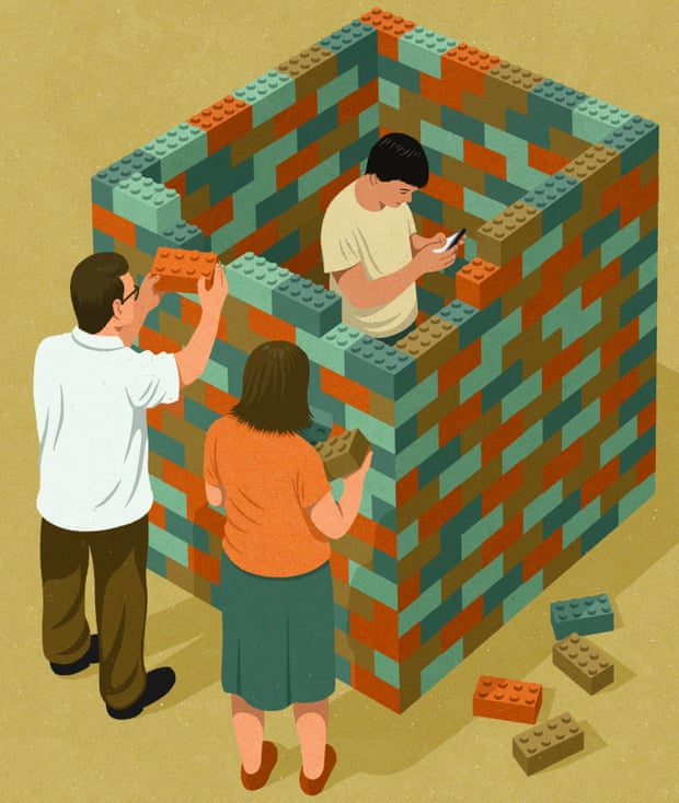 Illustration of child enclosed in square of lego bricks