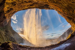 fish-eye lens view of SELJALANDSFOSS waterfall