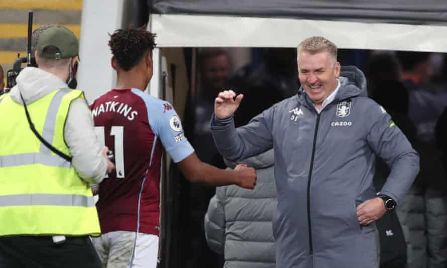 Ollie Watkins with Dean Smith after the 7-2 win against Liverpool in which the Aston Villa striker scored a hat-trick
