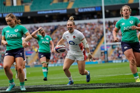 Megan Jones of England celebrates after scoring her team's ninth try during the Guinness Women's Six Nations 2024 match against Ireland.