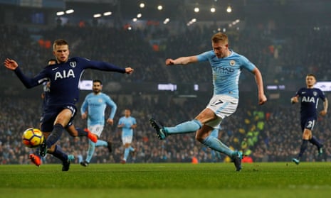Manchester City’s Kevin De Bruyne scores their second goal.