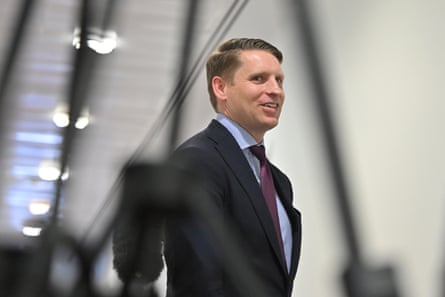 Andrew Hastie speaks to journalists in the press gallery at Parliament House in Canberra