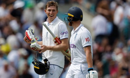 Zak Crawley (left) and Ben Stokes leave the field at lunch during day three of the fifth Ashes Test.