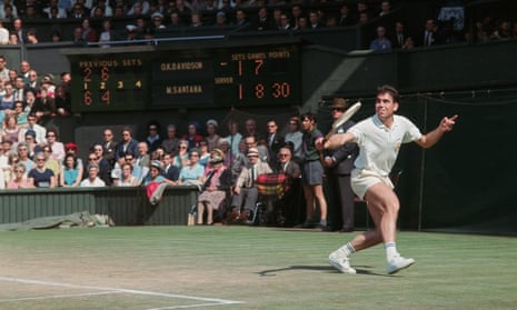 Manuel Santana playing Owen Davidson in the semi-final at Wimbledon in 1966. He went on beat Dennis Ralston in the final.