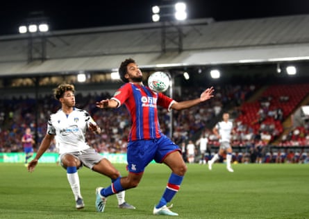 Jairo Riedewald controls the ball against Colchester in the Carabao Cup, his one first-team game this season.