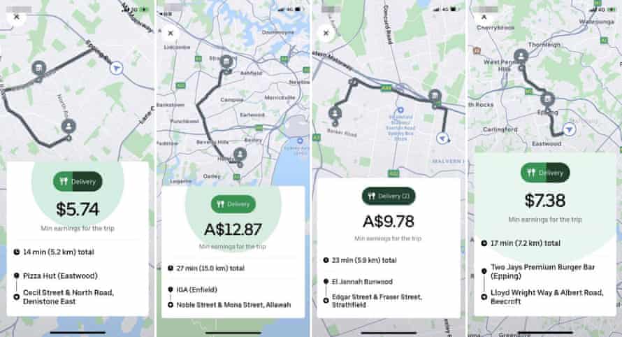 Screengrabs showing ride times and pay rates for UberEats