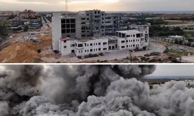 Screengrabs from a video circulating on social media show the moment Israa University in al Zahra was partially demolished by the Israeli army