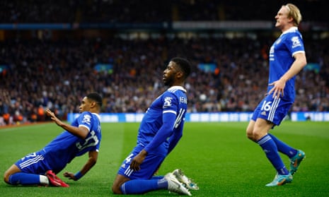 Leicester City's Kelechi Iheanacho celebrates scoring their second goal with Mateus Tete and Victor Bernth Kristansen.