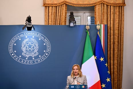 Italian prime minister Giorgia Meloni speaking at a press conference earlier this month.
