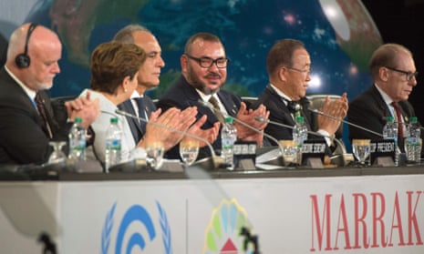 President of the UN general assembly, Peter Thomson; UN climate chief Patricia Espinosa; Morocco’s foreign minister and COP22 president, Salaheddine Mezouar; Morocco’s King Mohammed VI; and UN secretary-general Ban Ki-moon at the COP22 climate change conference in Marrakesh