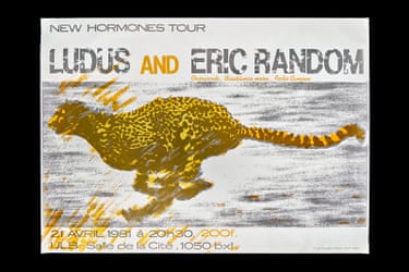 Ludus and Eric Random, New Hormones tour poster, 1981, designed by Benoît HennebertLudus, formed by Linder Sterling and Arthur Kadmon in 1978, famously performed at the Hacienda in November 1982 with Linder wearing a dress clad in raw meat, pulling aside her skirt to reveal a dildo underneath, a feminist protest at the club’s casual and interminable showing of porn films. Eric Random is a radical hero of the Manchester music scene, collaborating with artists such Nico, A Certain Ratio and Sheffield’s electronic pioneers, Cabaret Voltaire.