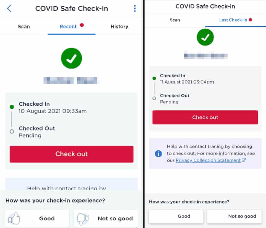 Comparison of real NSW check-in app (left) and the fake (right)