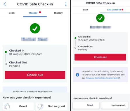 Comparison of real NSW check-in app (left) and the fake (right)