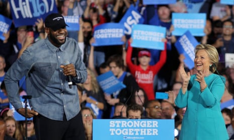 LeBron James introduces Hillary Clinton during a campaign rally in Cleveland, Ohio.