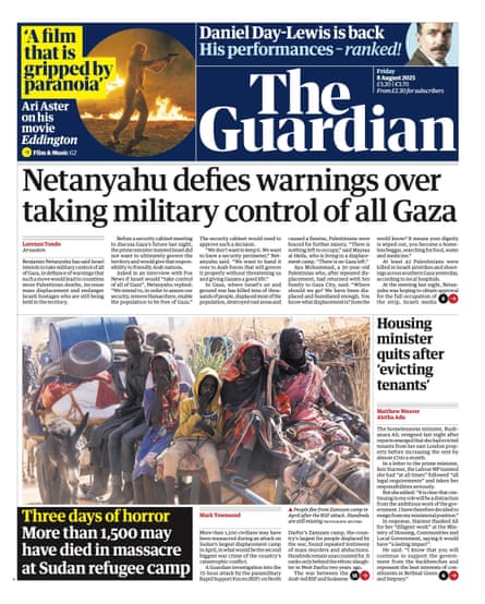 Guardian front page, Friday 8 August 2025