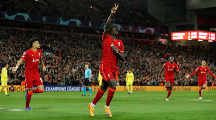 Sadio Mané celebrates after scoring Liverpool’s second goal.