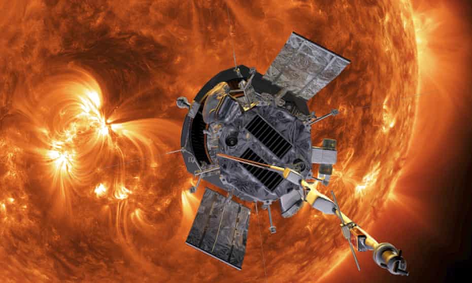 This image made available by NASA shows an artist's rendering of the Parker solar probe approaching the sun. 