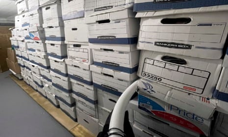 This image, contained in the indictment against former President Donald Trump, shows boxes of records in a storage room at Trump’s Mar-a-Lago estate in Palm Beach, Fla., that were photographed on Nov. 12, 2021. Trump is facing 37 felony charges related to the mishandling of classified documents according to an indictment unsealed Friday, June 9, 2023. (Justice Department via AP)