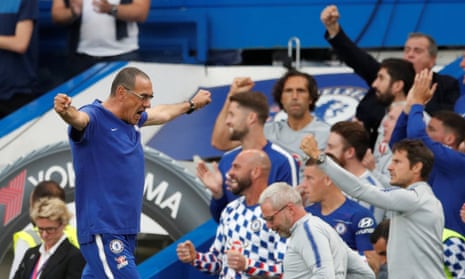 Maurizio Sarri celebrates Chelsea’s winning goal, scored by Marcos Alonso.