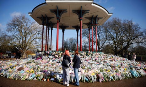 Clapham Common’s bandstand with flowers and messages to honour Sarah Everard.