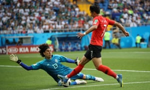 Guillermo Ochoa of Mexico makes a save on Son Heung-Min