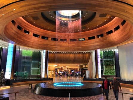 Welcome … the entrance atrium’s timber halo waterfall.